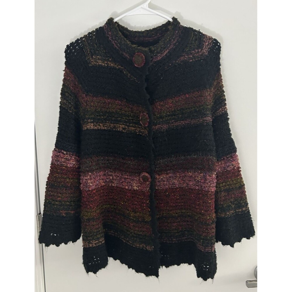 Curio Cardigan Sweater Womens L Black Multi Stripe Wool Blend Bell Sleeve Boho